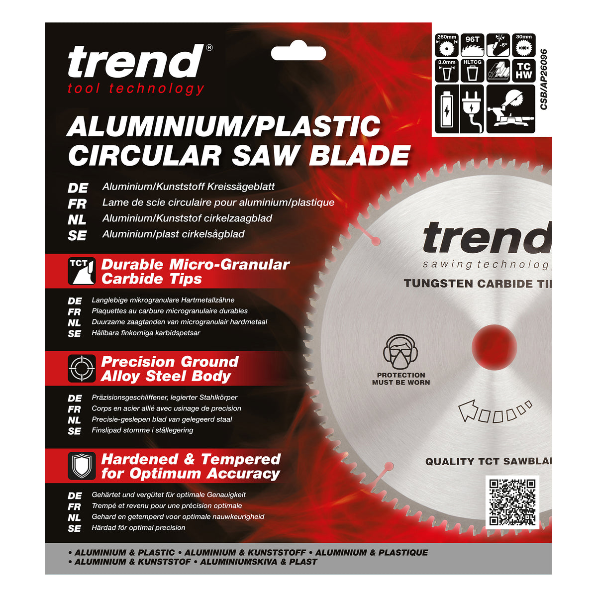 Trend 260mm x 30mm x 96T Aluminium/Plastic Circular Saw Blade