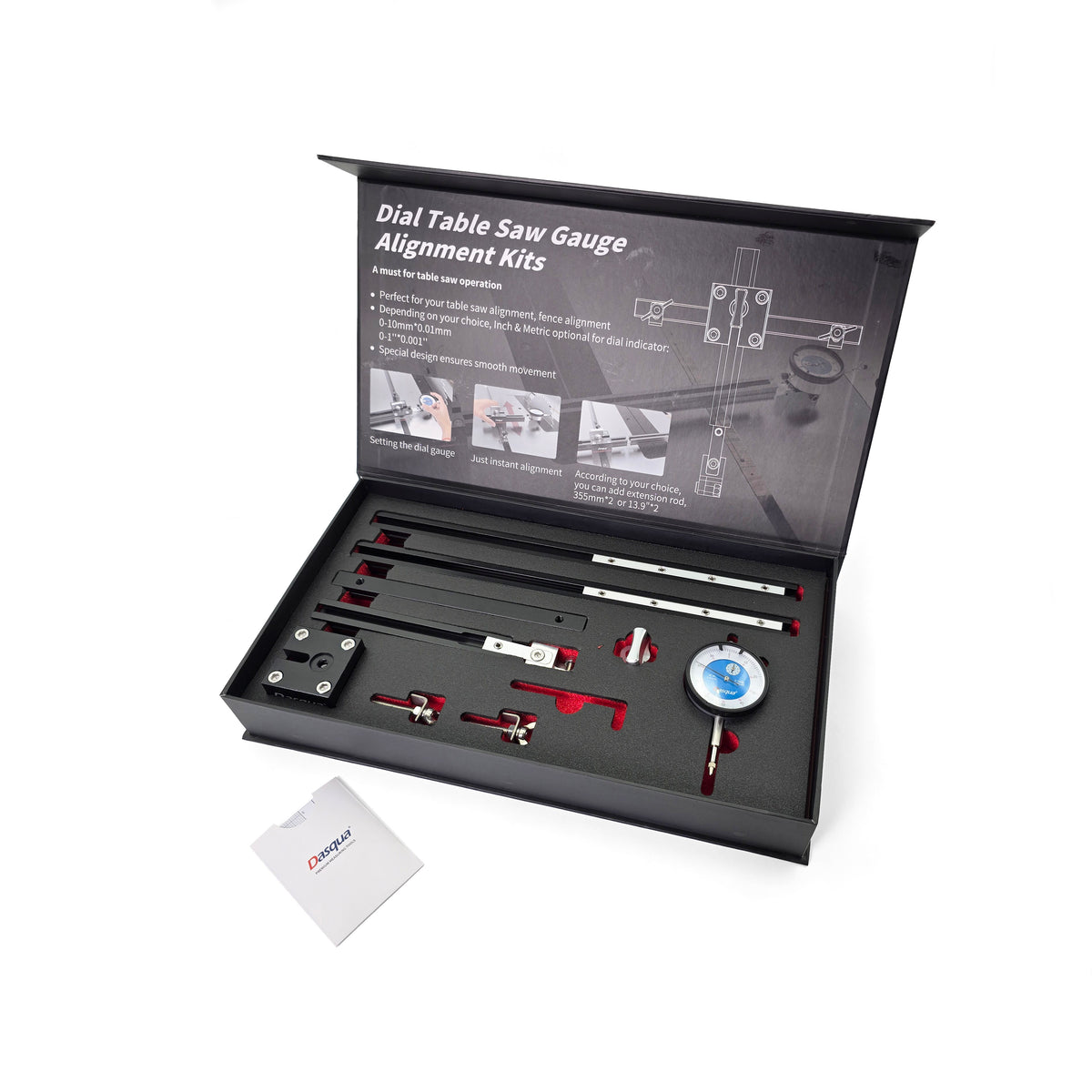 Dasqua Table Saw Dial Gauge Alignment Kit with Beam Extensions in use on table saw