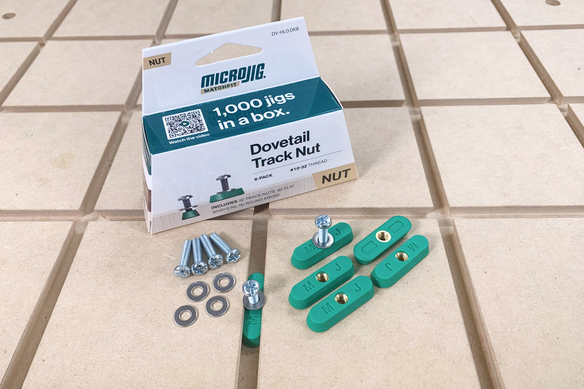 MicroJig MatchFit Dovetail Track Nut Hardware 6-Piece Kit in use with a dovetail groove