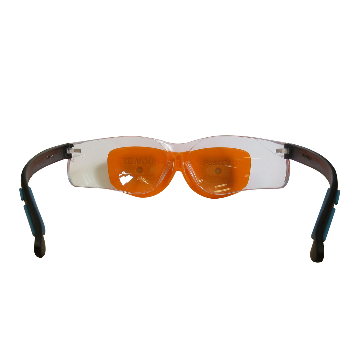 FastCap Eye Mount attached to a workbench, securely holding CatEyes Safety Glasses