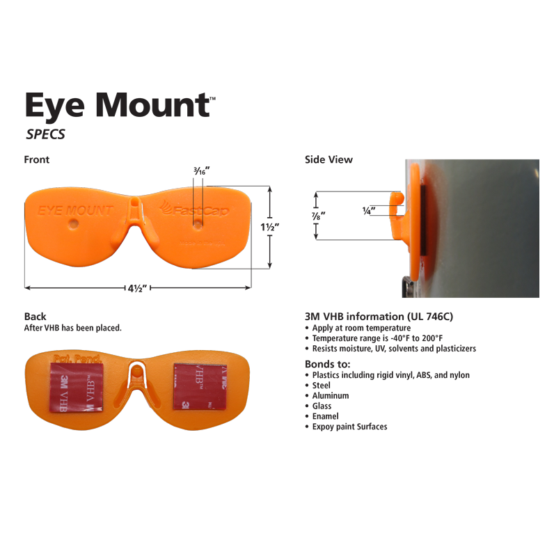 FastCap Eye Mount for CatEyes Safety Glasses, side view showing VHB mounting adhesive and adjustable design