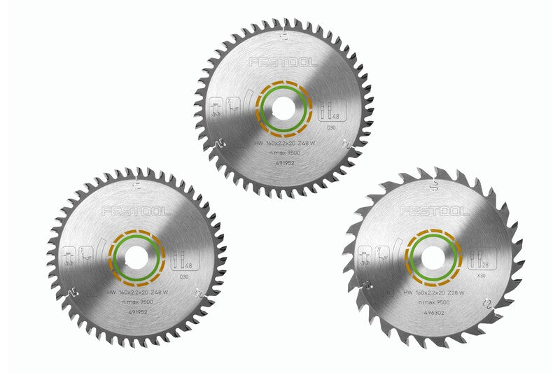 Festool 160mm Wood Cutting Circular Saw Blade Set, Pack of 3 in packaging