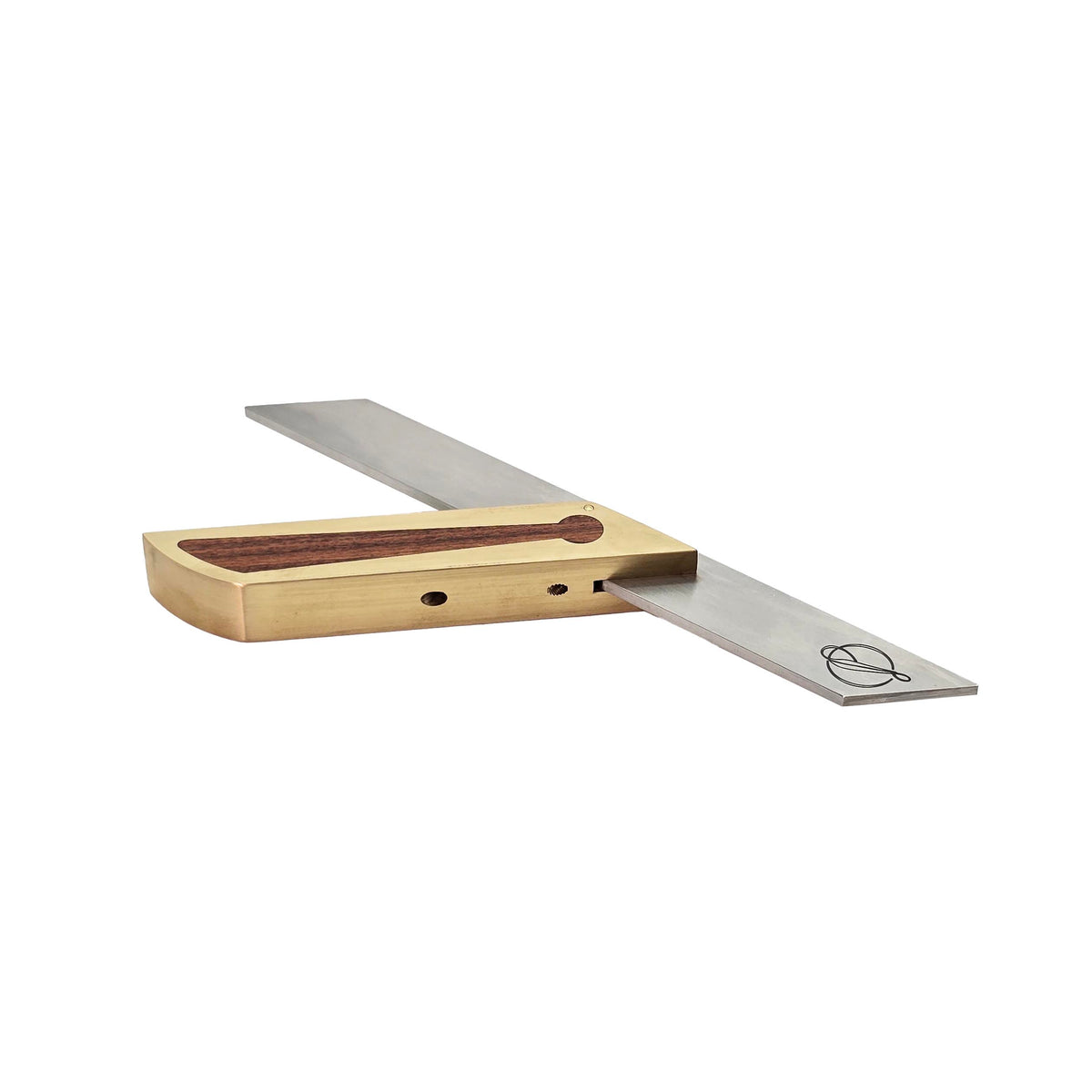 Ironbark Toolworks Mitre Gauge Brass with Mulga Inlay, angled view, showcasing fine craftsmanship and precision