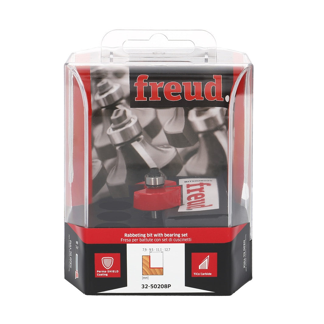 Freud Rebate Edge Moulding Router Bit Set 1/4in Shank - Detailed view of rabbeting bit with bearings for versatile cuts