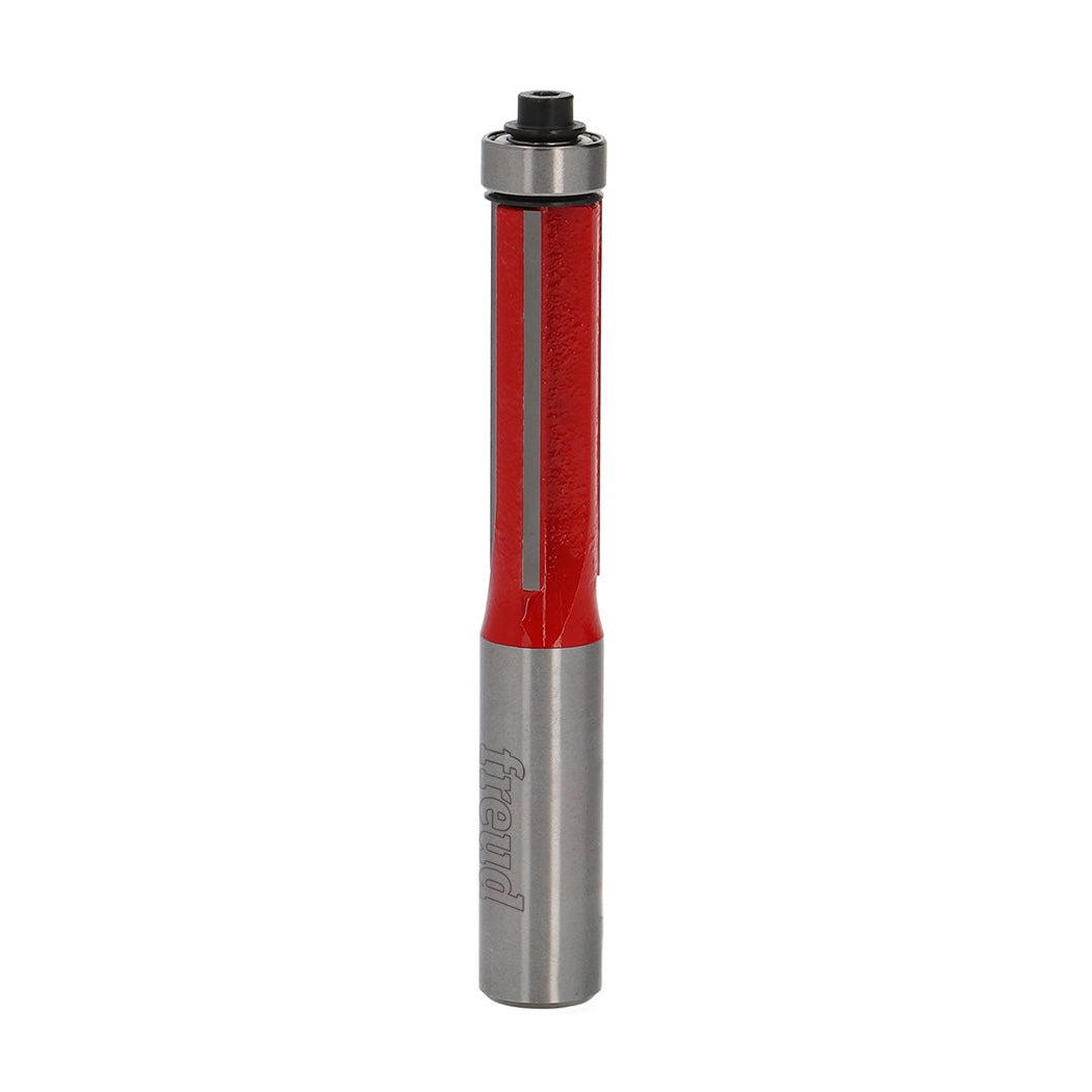 Freud Triple-Blade Flush Trim Router Bit 1/2in Shank in action, showcasing three-flute design for faster cutting and superior finish