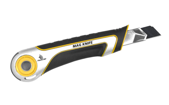 FastCap MAG Knife showing durable metal frame, rubberized casing, auto-retract blade, self-locking feature, and built-in magnet