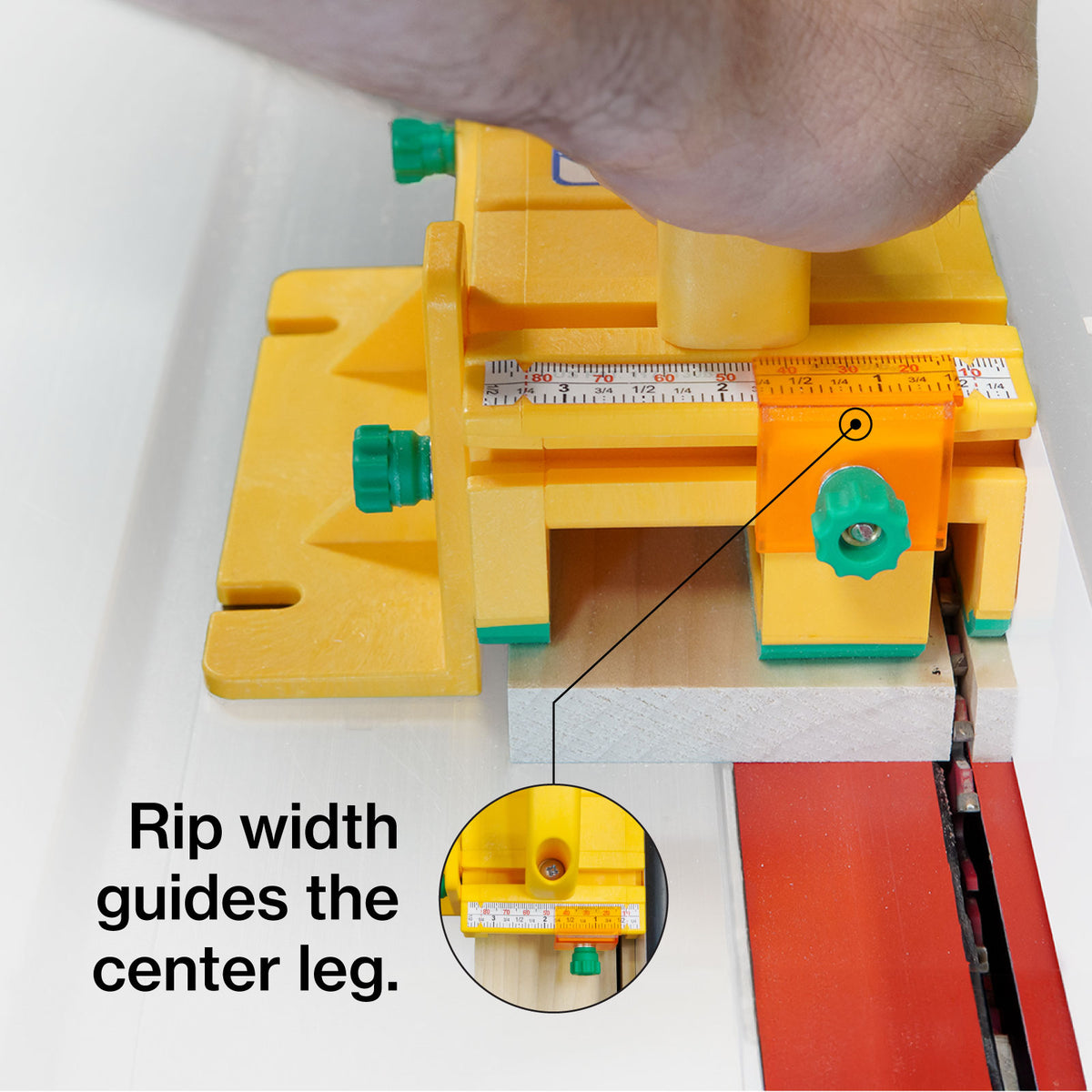 MicroJig GRR-Ripper SafeRip Kit Upgrade in use on table saw with SafeRip Cursor visible