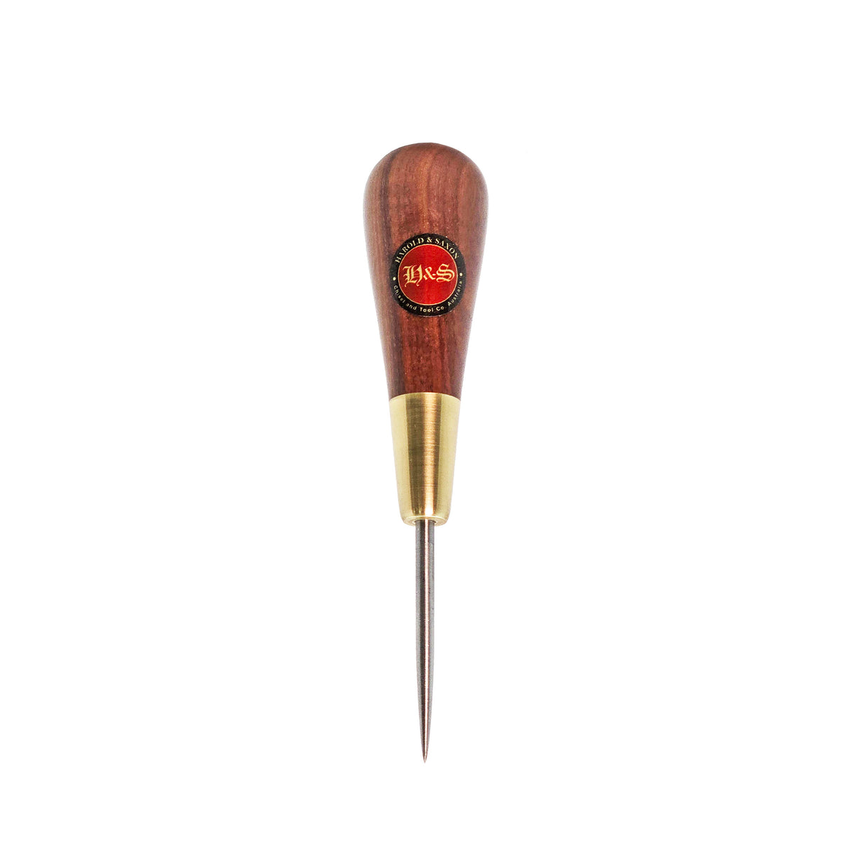 Harold & Saxon Pocket Scratch Awl 135mm HSS Gidgee Handle angled view showing craftsmanship Australia-made tool