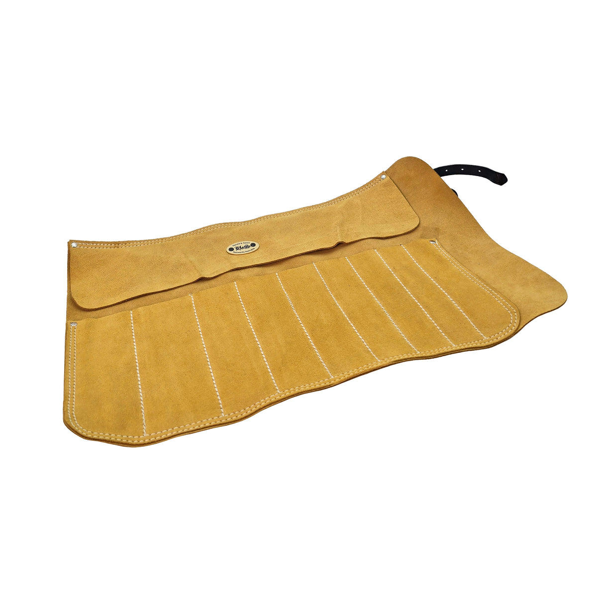 Harold & Saxon Suede Leather Tool Roll showcasing nine tool pockets made from natural Australian suede