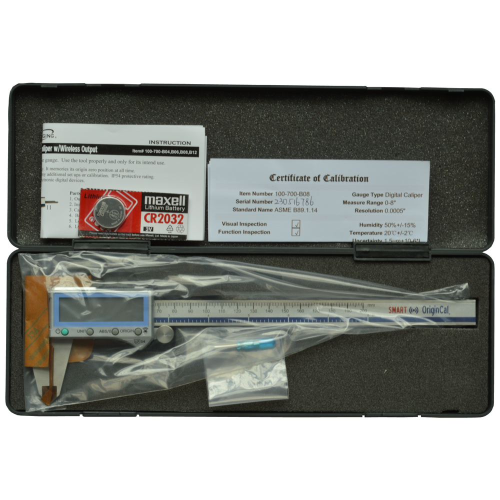 iGaging OriginCal Smart Wireless Digital Vernier Calipers in use with digital screen visible