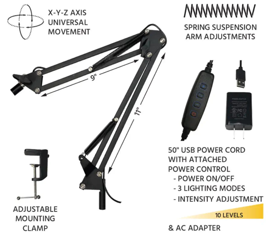 iGaging EZ-View Magnifying Glass LED Desk Light 125mm Lens - Close-up of lens and lighting modes