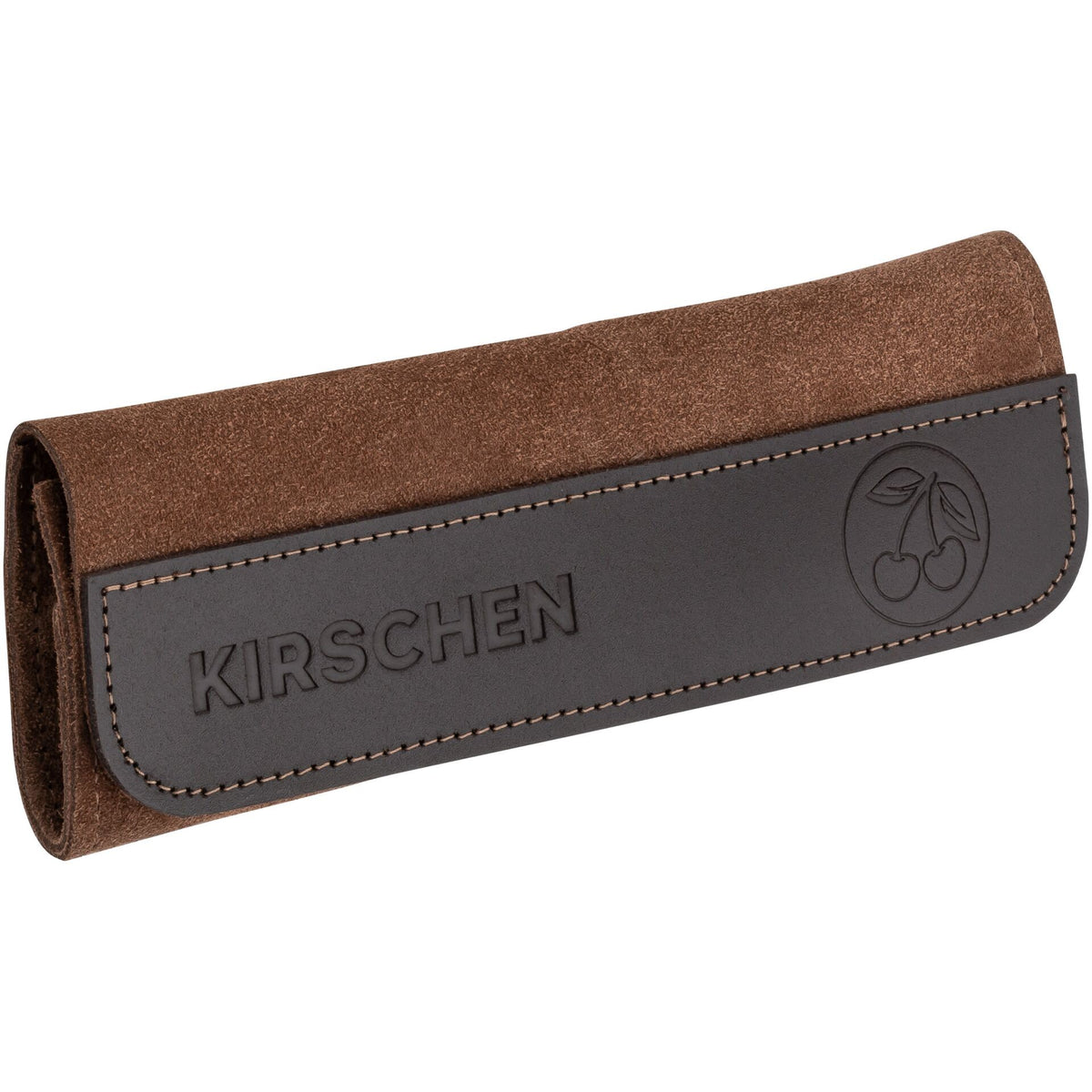 Brown suede case with 'Kirschen' branding on a white background