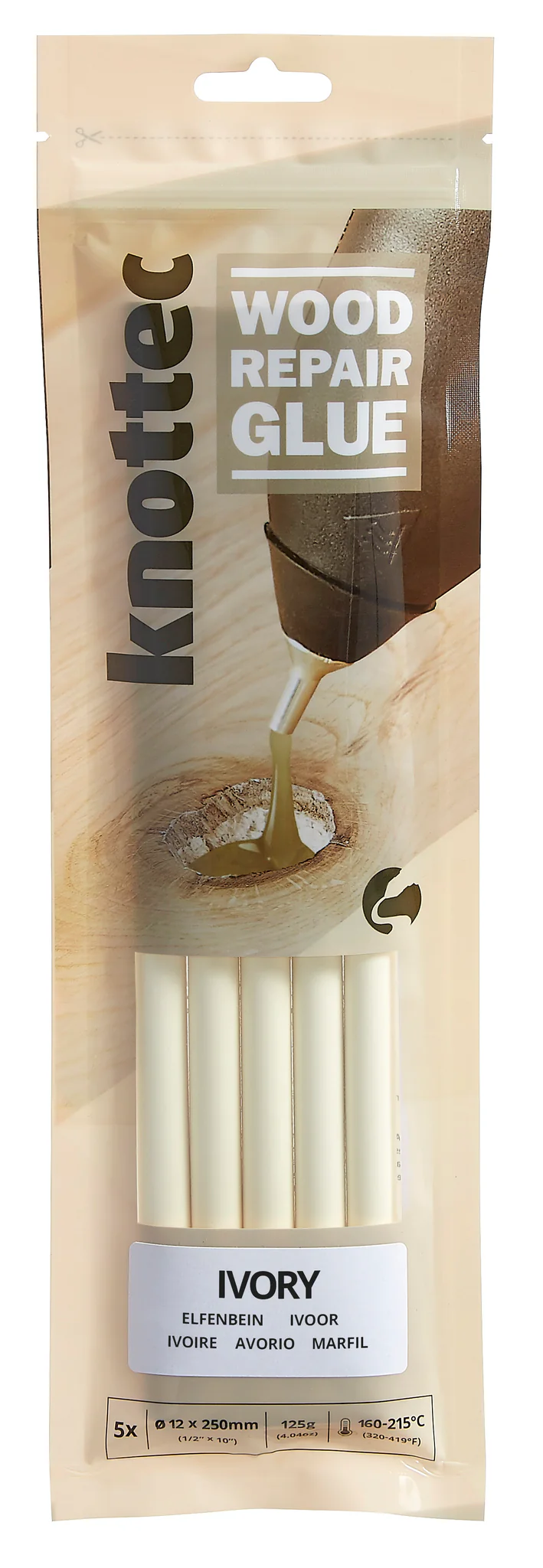 Power Adhesives Knottec 12mm Ivory Wood Knot Filler Glue Sticks, pack of 5, top view