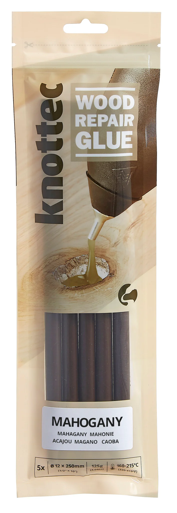 Power Adhesives Knottec Mahogany Wood Knot Filler Glue Sticks 12mm - Pack of 5, angled view showing product packaging