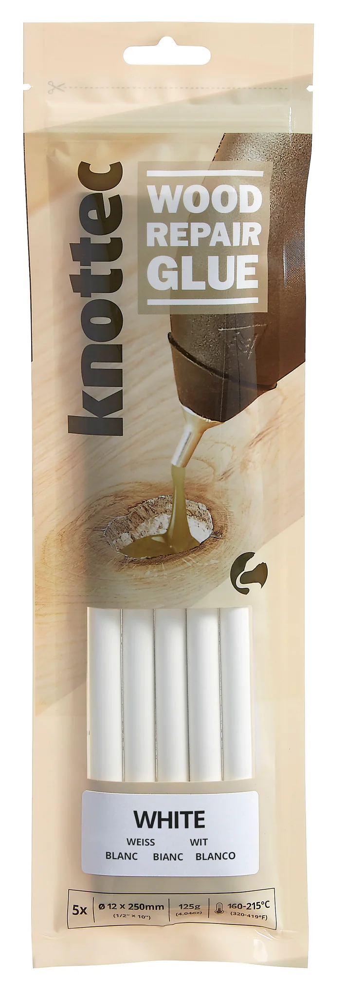 Power Adhesives Knottec Wood Knot Filler Glue Sticks 12mm White Hot Glue Pack detail showing product packaging