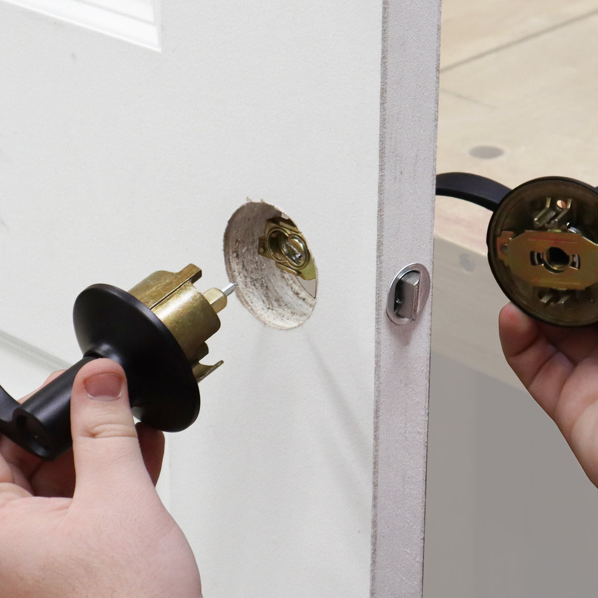 Milescraft LockMate Lock & Knob Installation Jig with Cobalt Bi-metal Hole Saws in Use