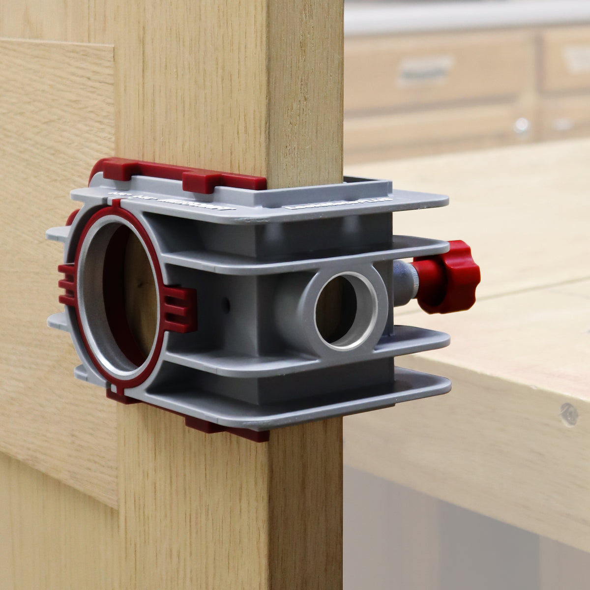 Milescraft LockMatePLUS self-clamping lock and knob installation jig in action for quick and accurate hardware setup