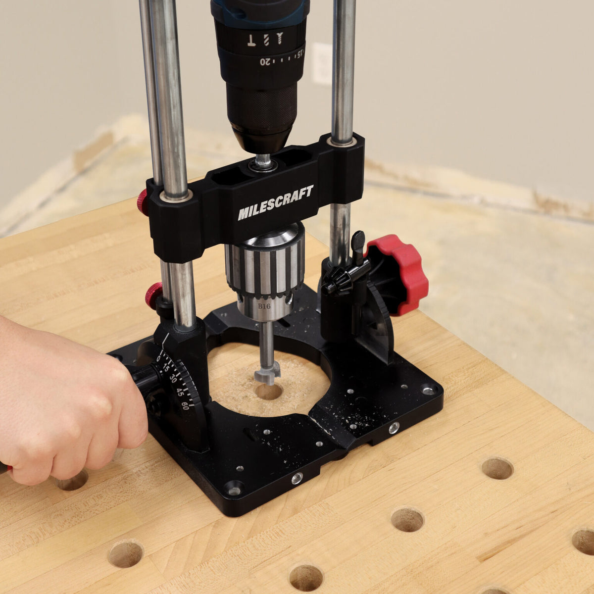 Milescraft DrillMatePRO Portable Drill Guide in action