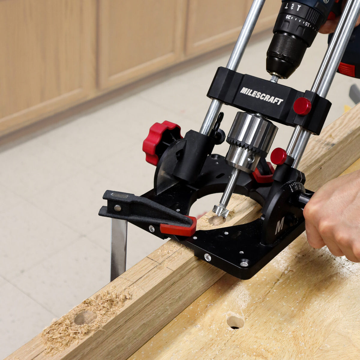 Milescraft DrillMatePRO and DrillFence Edge Guide Bundle in use for precise and angled drilling