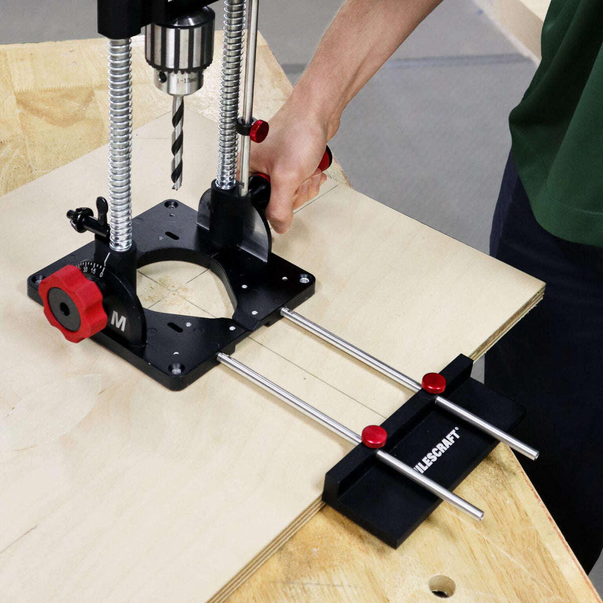 Milescraft DrillMatePRO and DrillFence bundle showing stability handles and alignment configuration