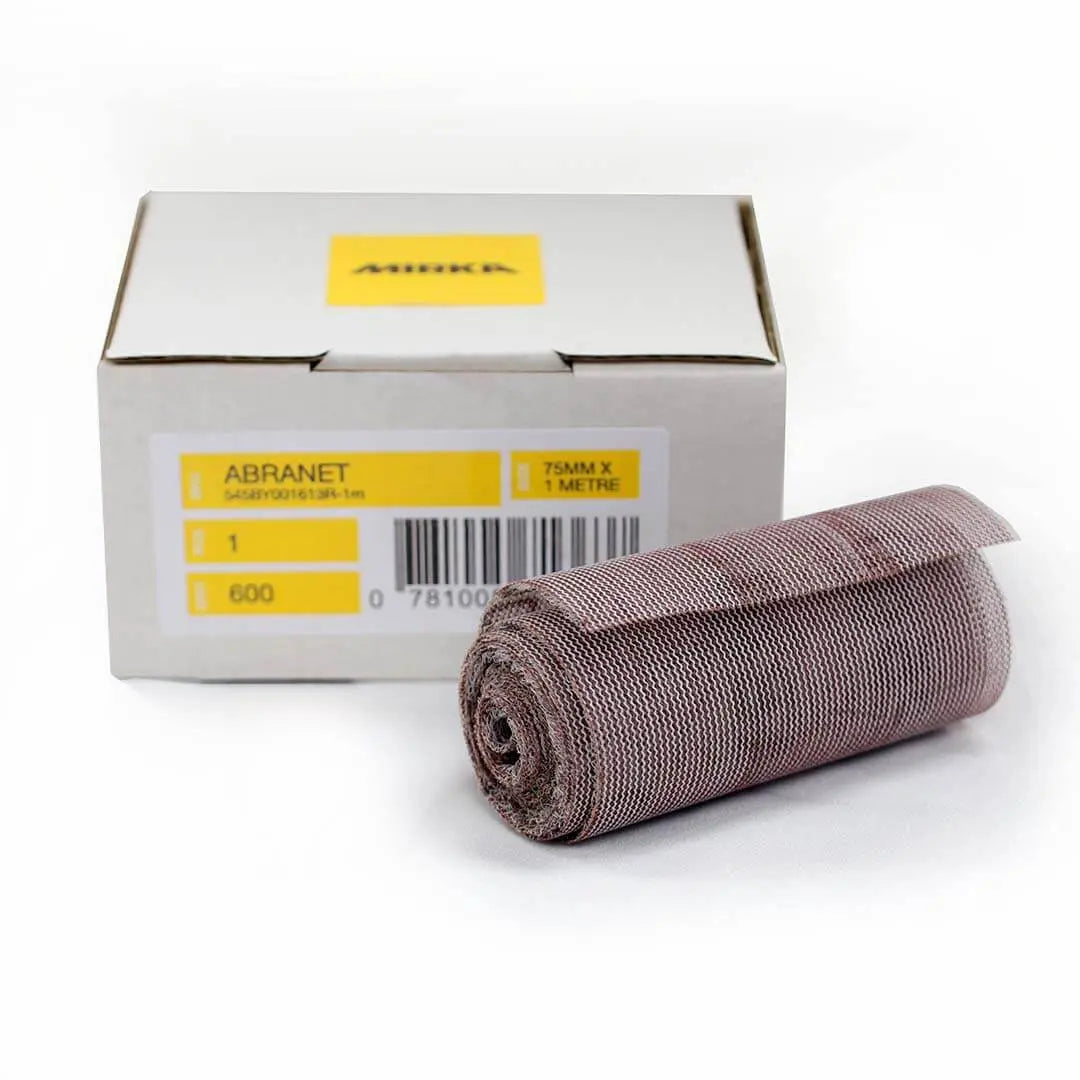 Mirka Abranet Abrasive Roll 75mm on woodworking table with tools