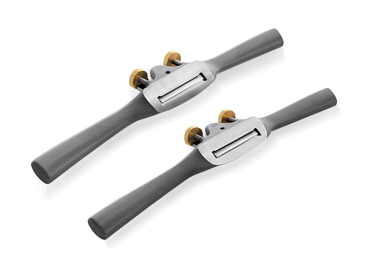 Melbourne Tool Company Set of Two Flat & Round Sole Spokeshaves in use on wooden surface