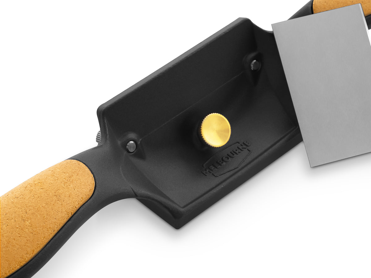 Melbourne Tool Company Cabinet Scraper Carbon Steel Ergonomic Handles in use on wood surface