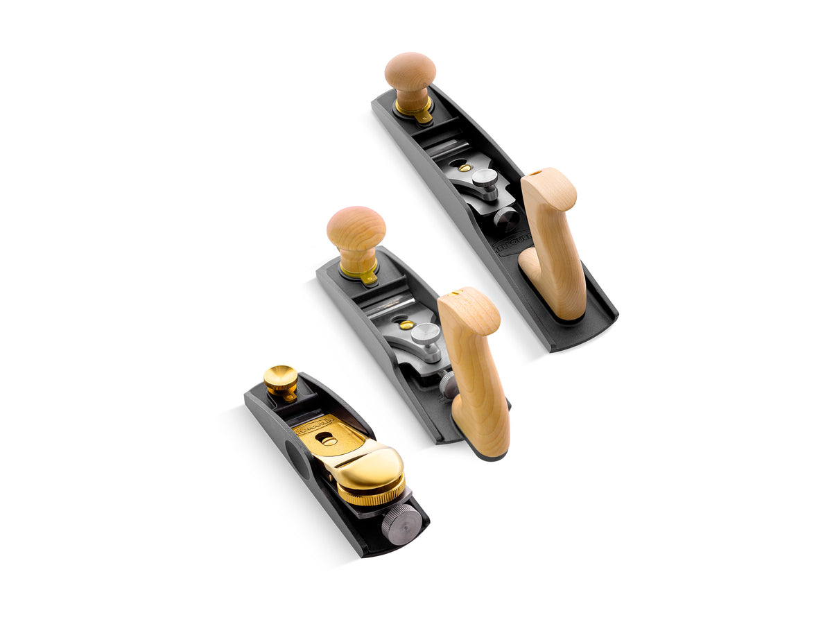 Melbourne Tool Company hand plane set with low-angle block, jack, and smoothing planes, complete with blades