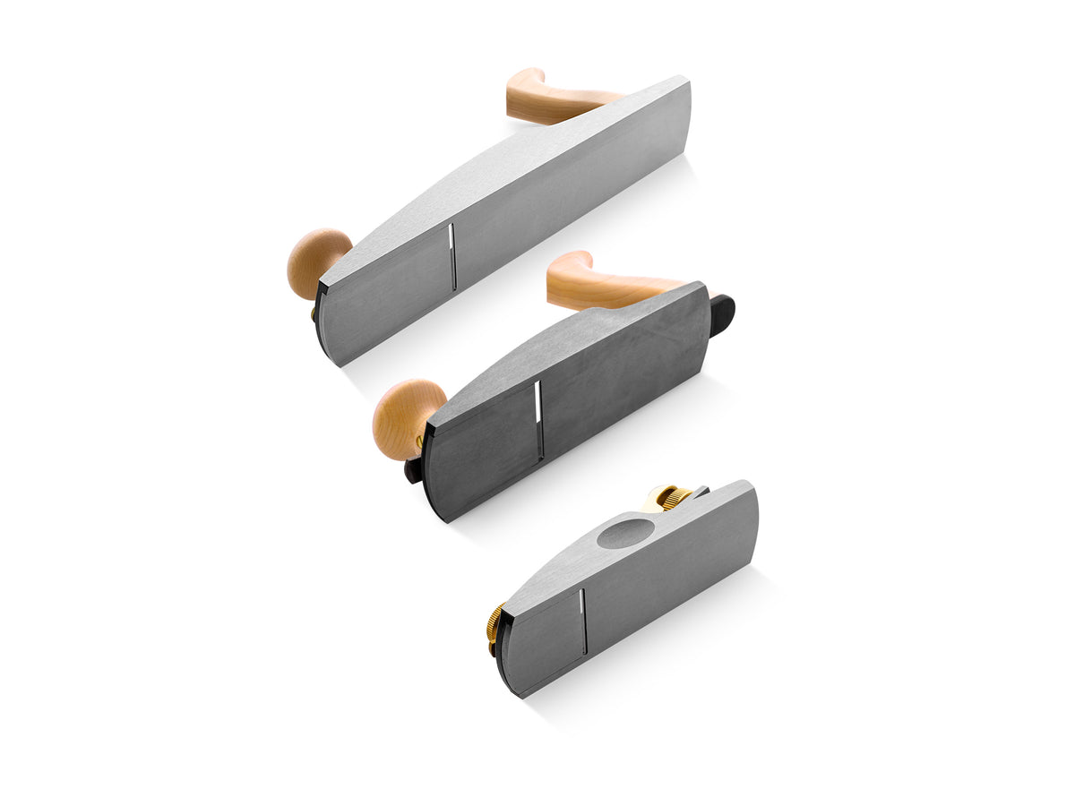 Melbourne Tool Company low angle block, jack & smoothing hand plane set in wooden workshop setting