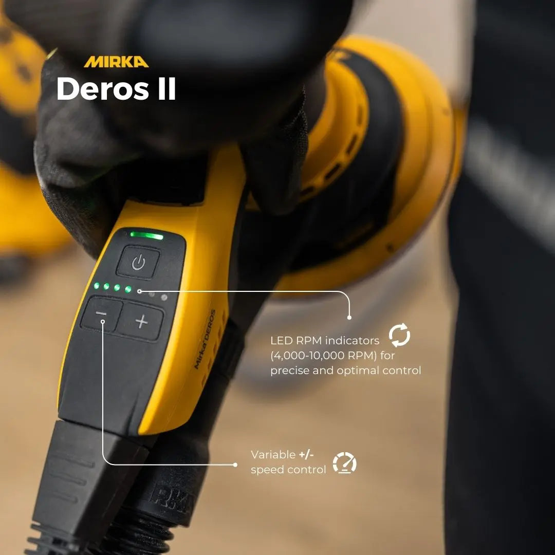 Mirka DEROS II 150mm Random Orbital Sander with 5.0mm Orbit, ideal for serious woodworkers seeking efficient sanding
