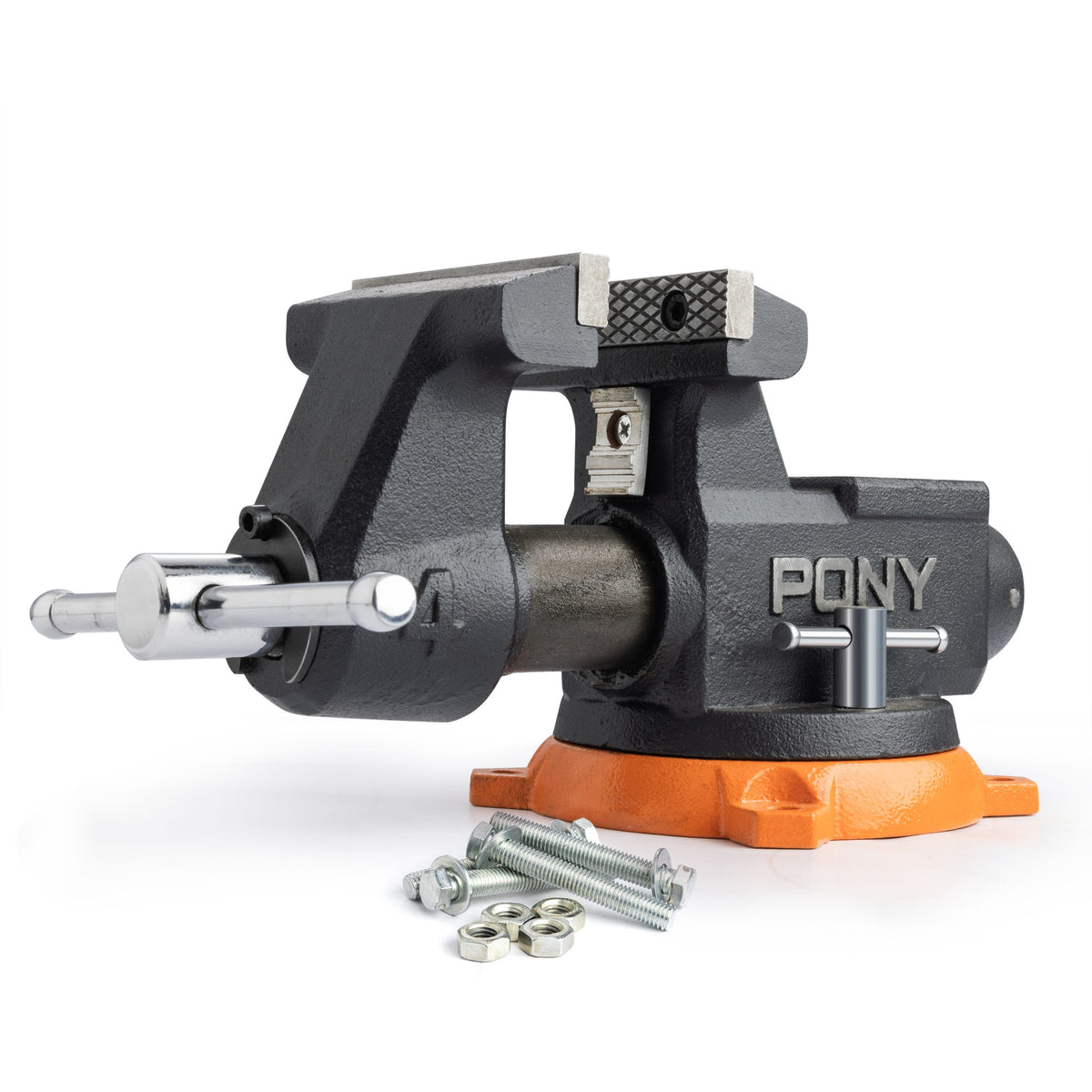 Pony bench vise with orange base and hardware on a white background