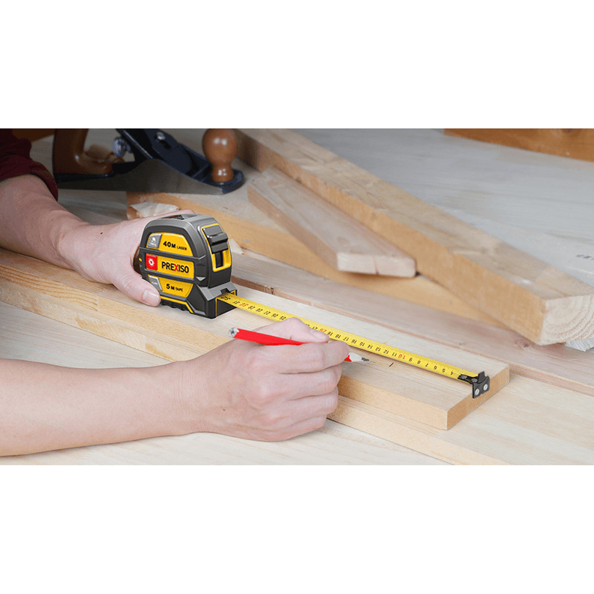 Prexiso 2-in-1 Laser & Tape Measure showing 40m laser and 5m tape measures