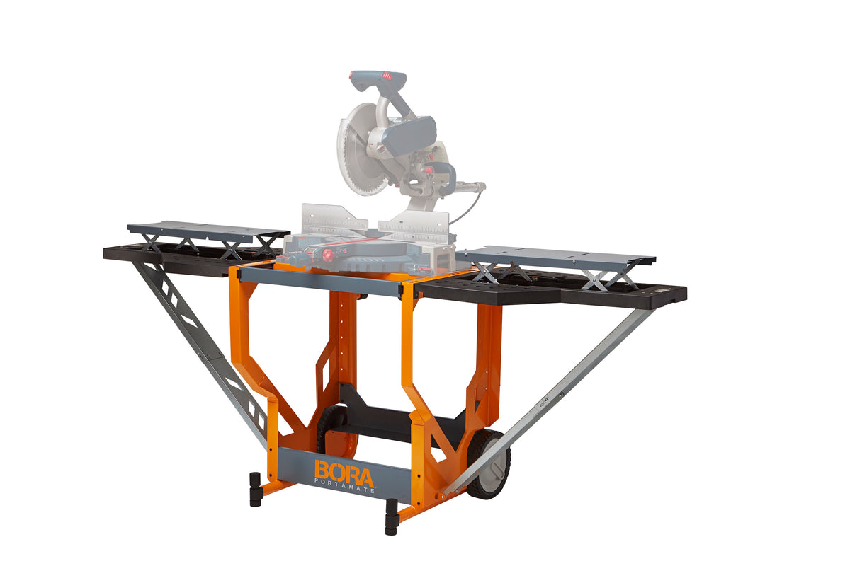 BORA Portacube STR Mitre Saw Workstation with Rotating Table, showcasing full extension of built-in extension wings