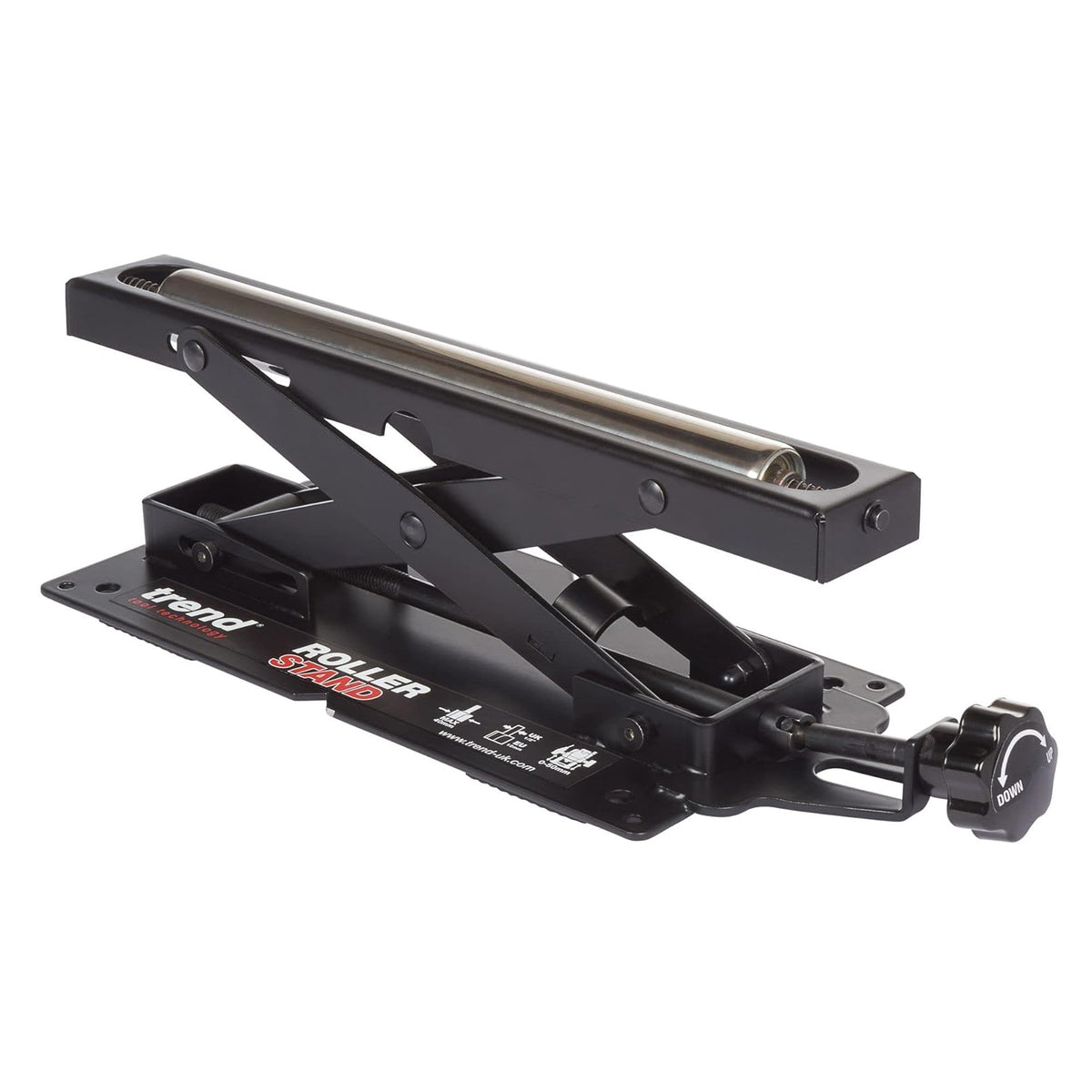Adjustable Benchtop Mitre Saw Roller Stand in workshop setting, promoting safe and efficient material handling