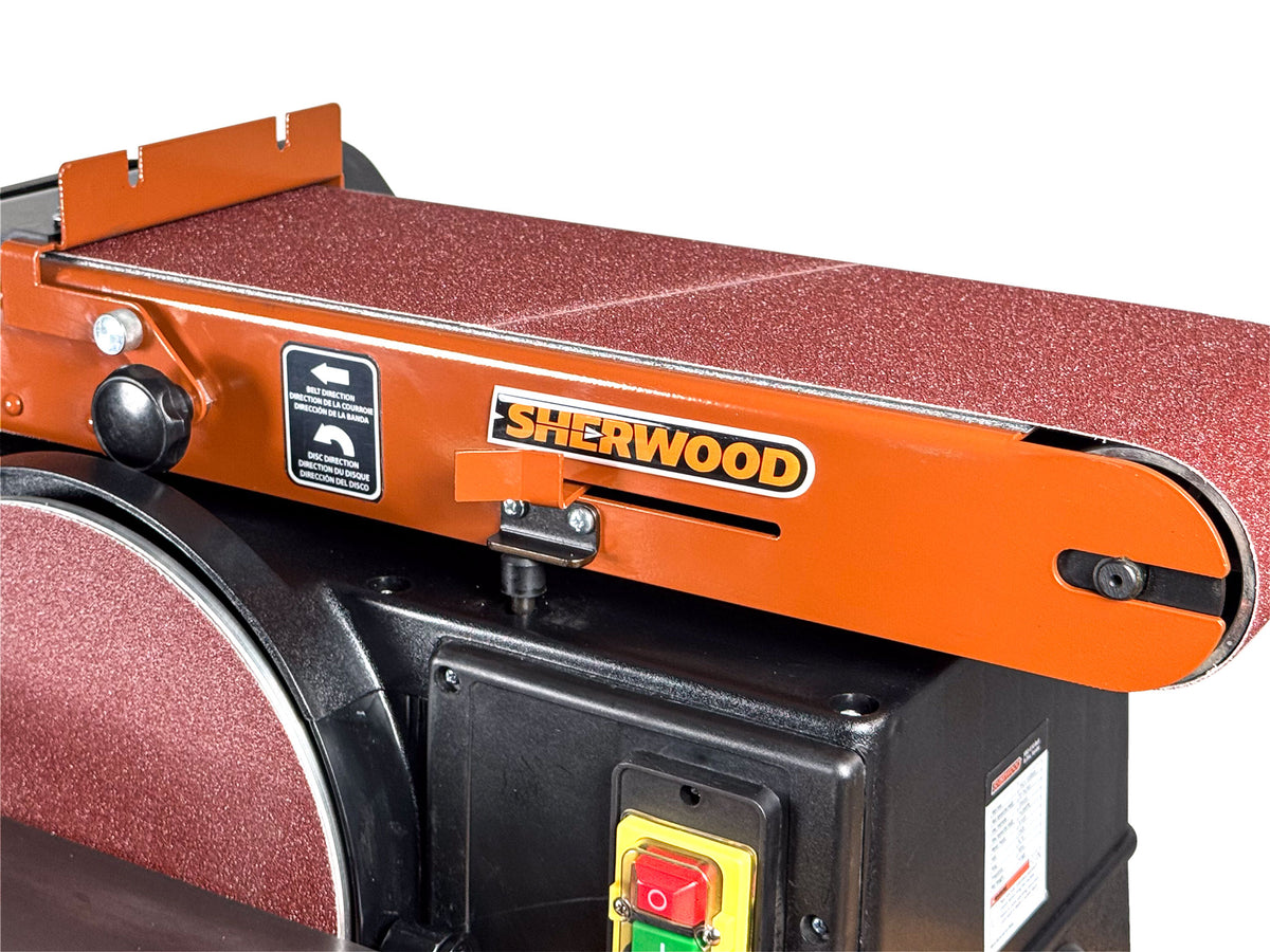 Sherwood 6 x 10in Benchtop Belt and Disc Sander 800W in use sanding wood piece on workbench