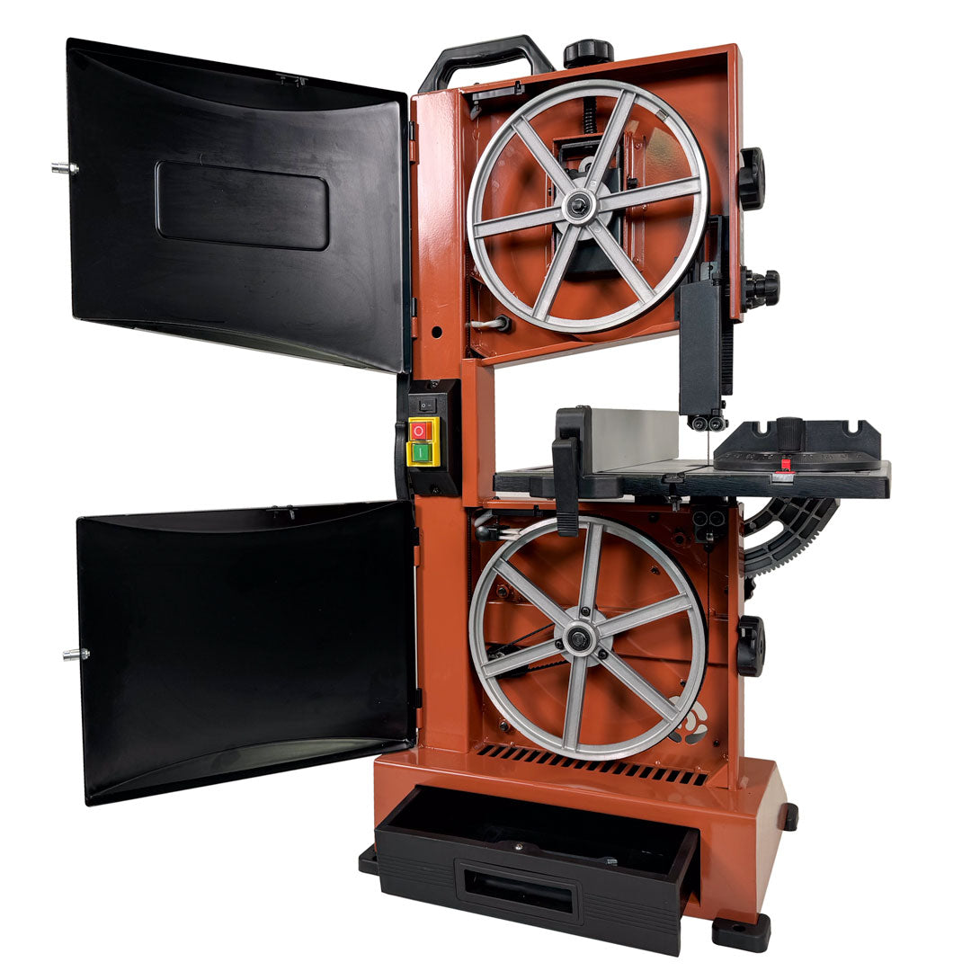 Sherwood 9in Benchtop Bandsaw 300W side view showing compact design and key features