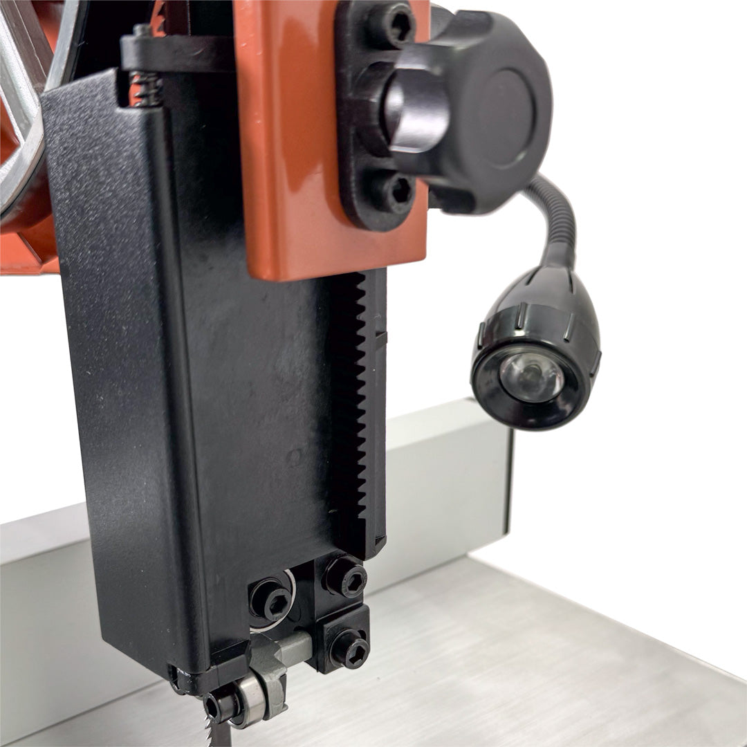 Sherwood 9in Benchtop Bandsaw 300W in use, cutting wood at an angle