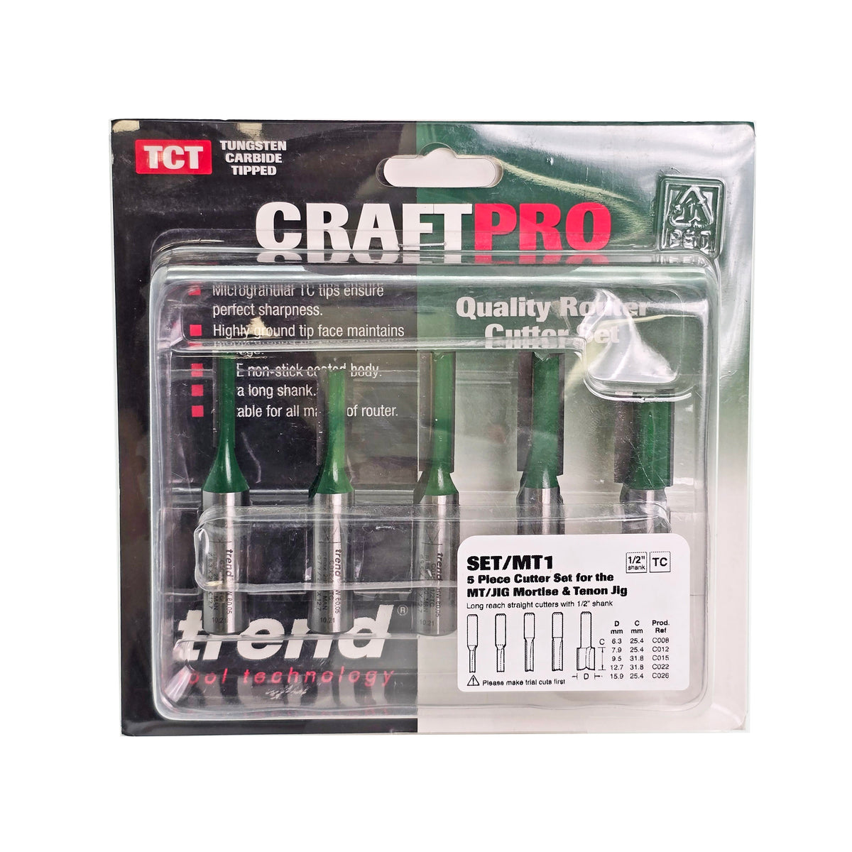 Trend CraftPro Straight Router Bits Set of 5, angle showing tungsten-carbide tip on 1/2in shank