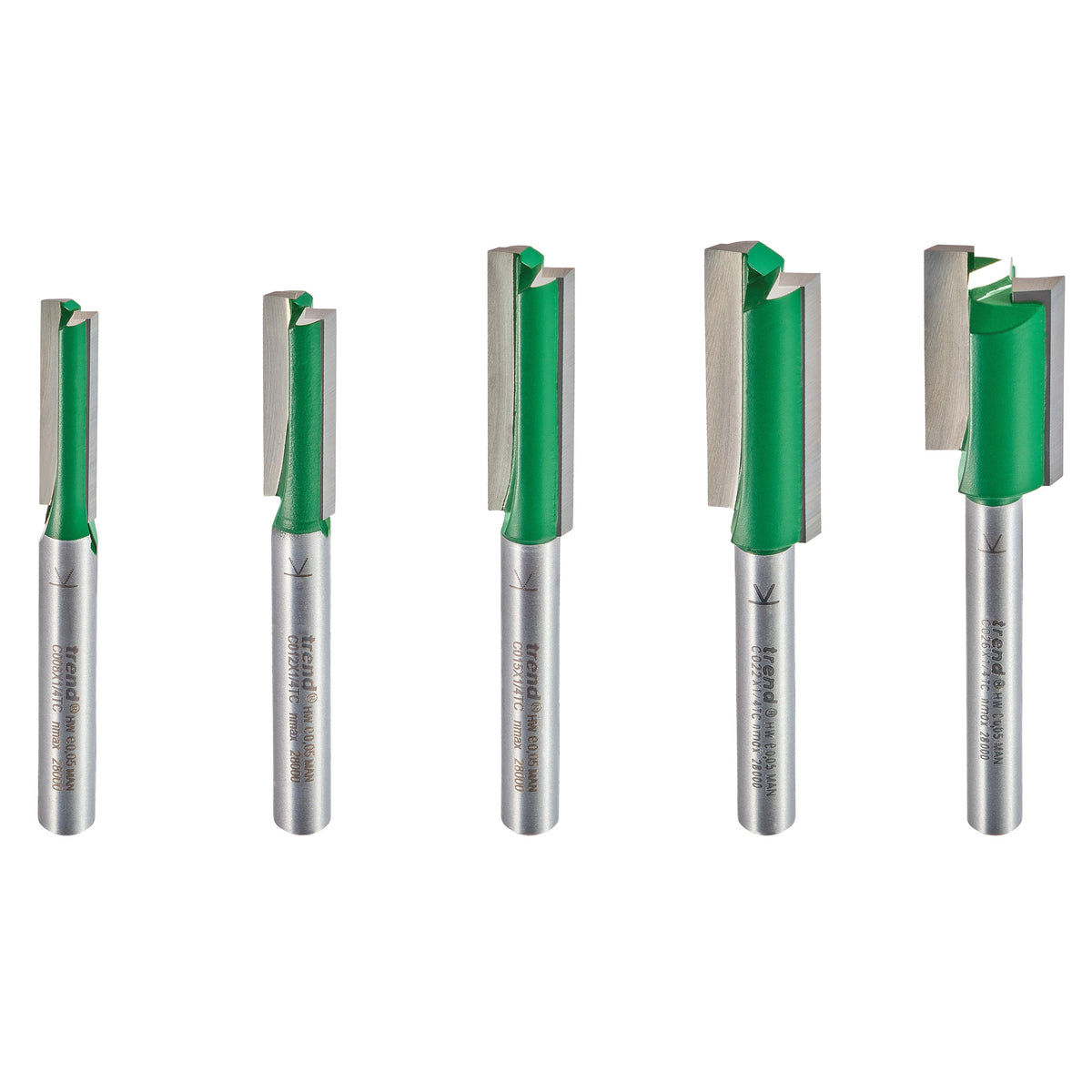 Trend CraftPro 1/4in Shank Straight Router Bits Set of 5 - Tungsten-Carbide Tipped Long-Reach Cutters for Mortise and Tenon Jig