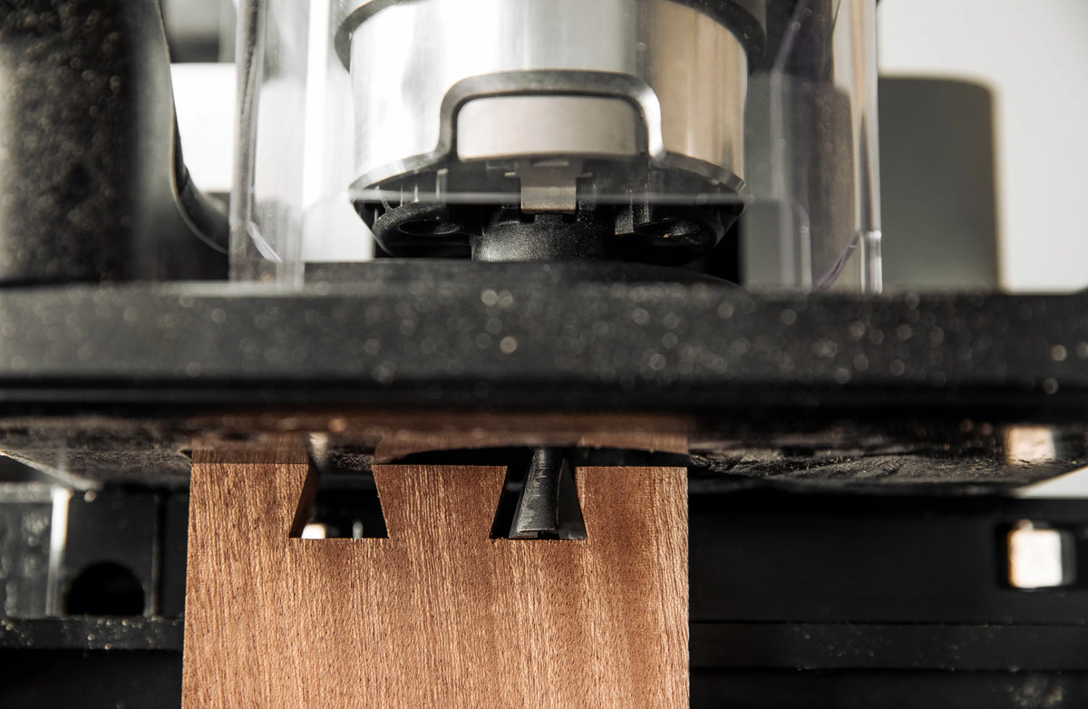 Shaper Tools 15 Degree Dovetail CNC Router Bit in action on hardwoods