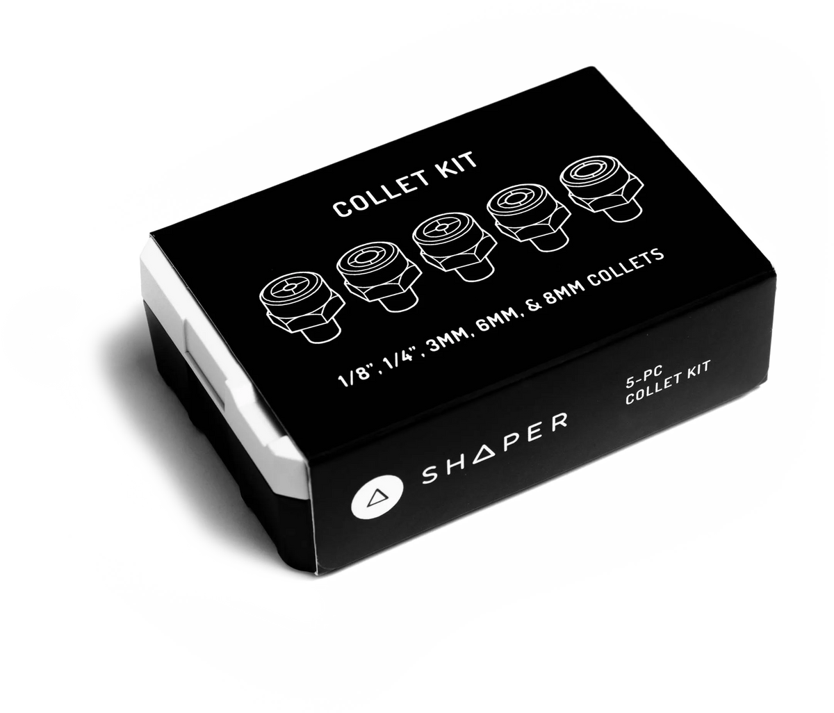 Shaper Tools Complete Collet Kit with various collet increments up to 1/4in and 8 mm, essential for precision woodworking