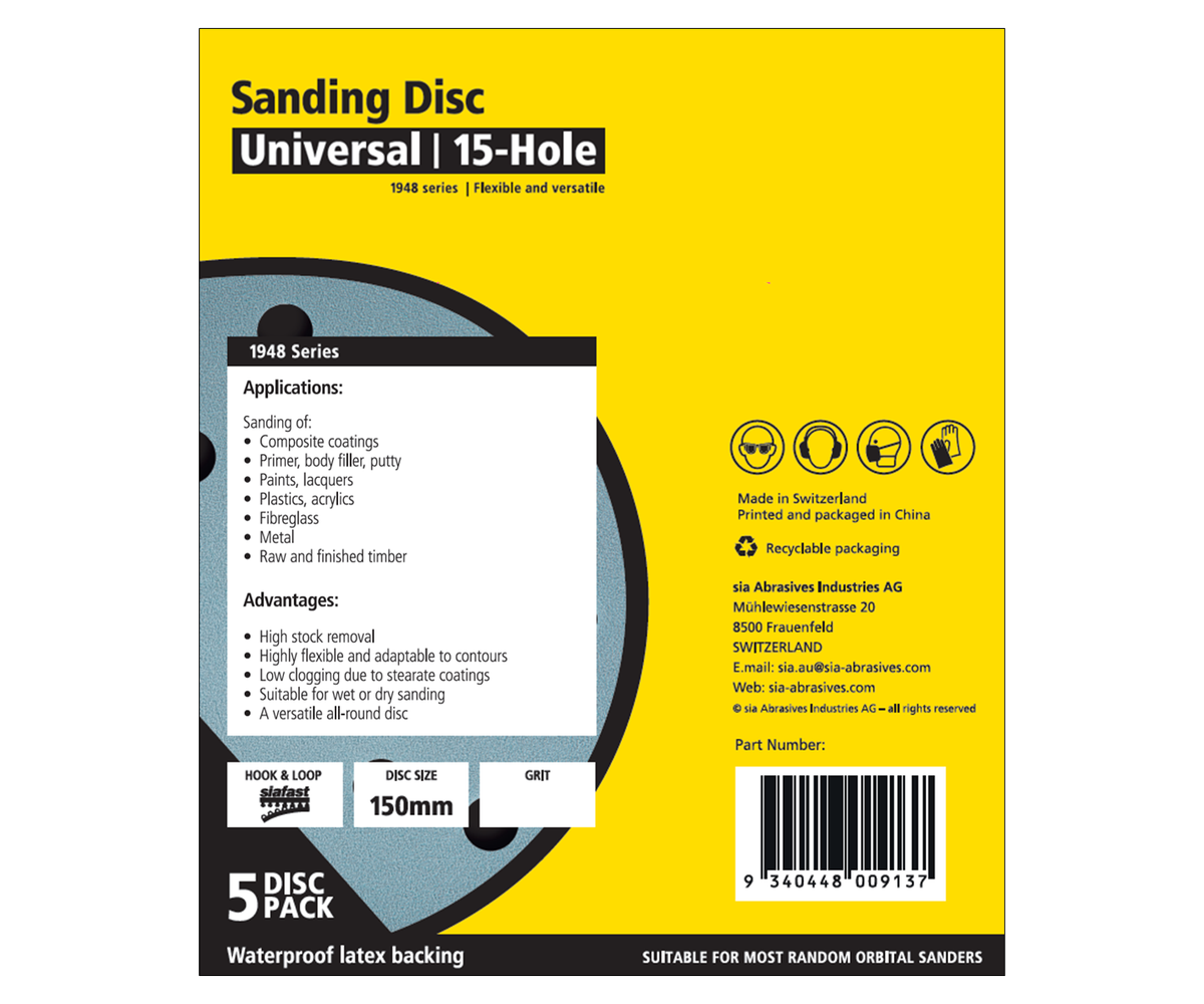 SIA Abrasives 1948 siaflex Sanding Disc 150mm 15-Hole Pack of 5 in use on woodworking project