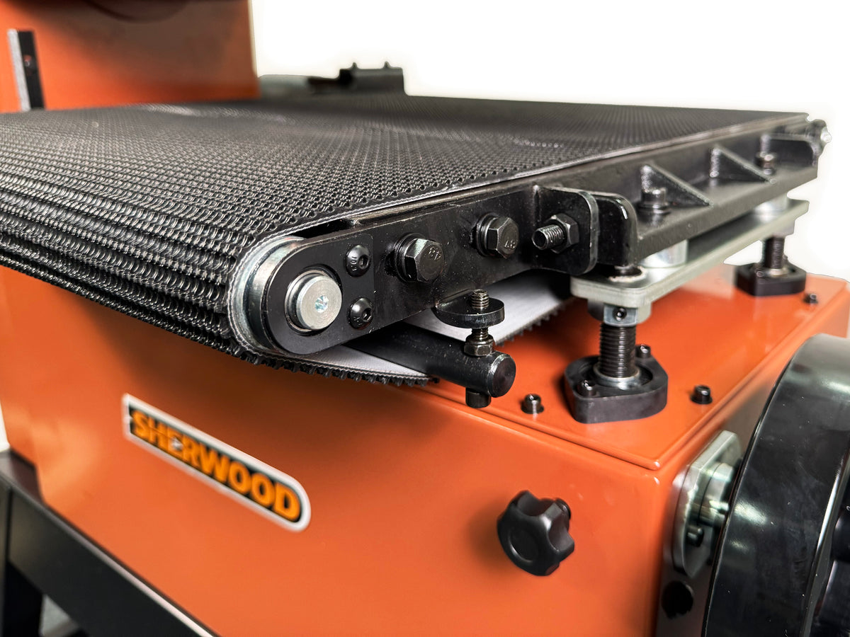 Sherwood 18in Wide Drum Sander in action on wooden surface, showcasing precise sanding capability