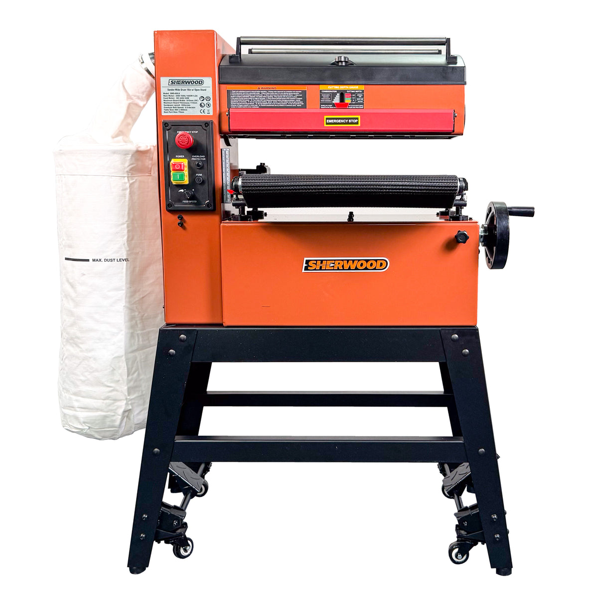 Sherwood 18in Wide Drum Sander with fixed sanding drum on Open Mobility Stand