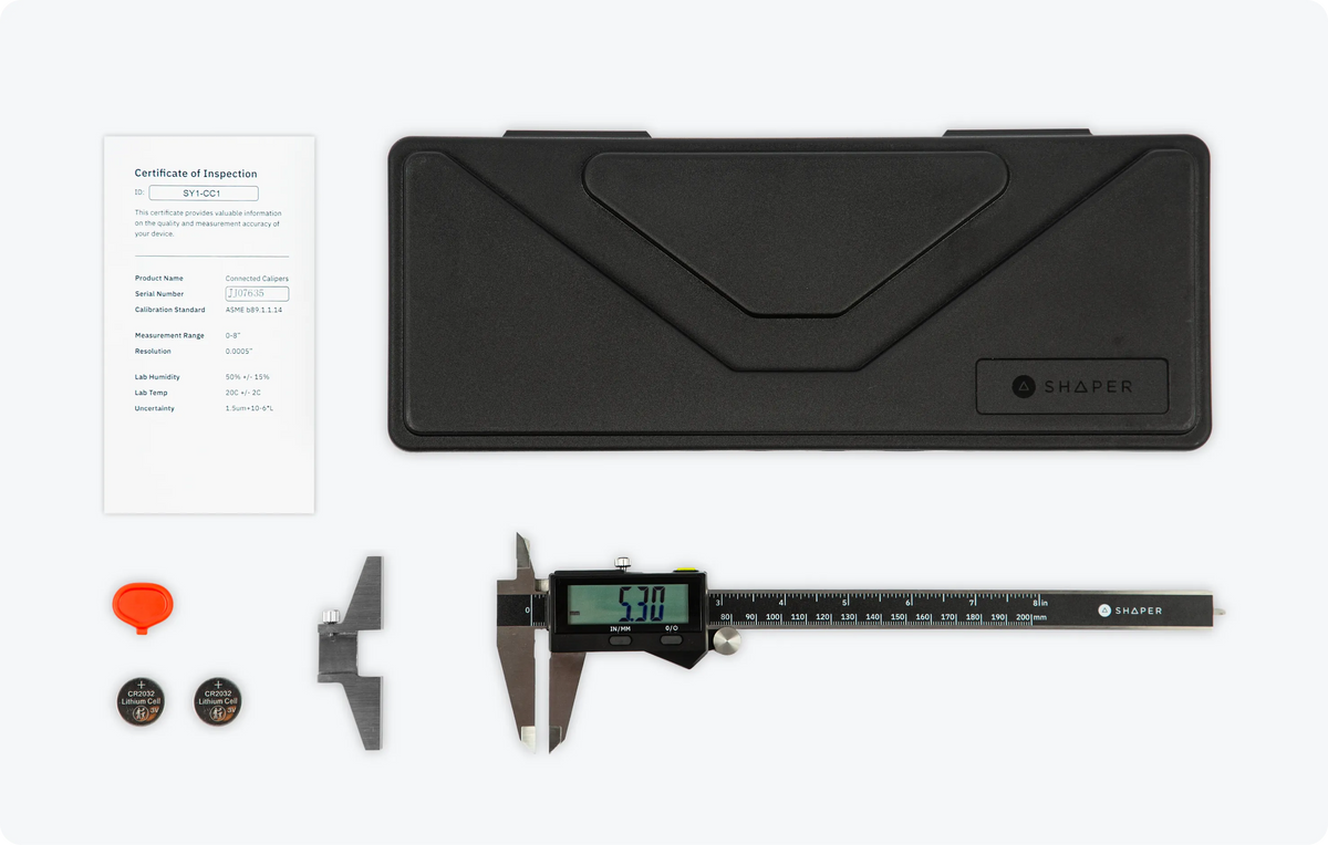 Connected Caliper 200mm Bluetooth for Shaper Origin in use with precision woodworking project