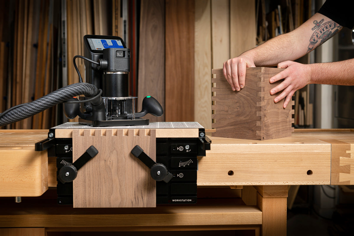 Shaper Tools Origin Handheld CNC Router and Workstation Bundle in woodworking setting