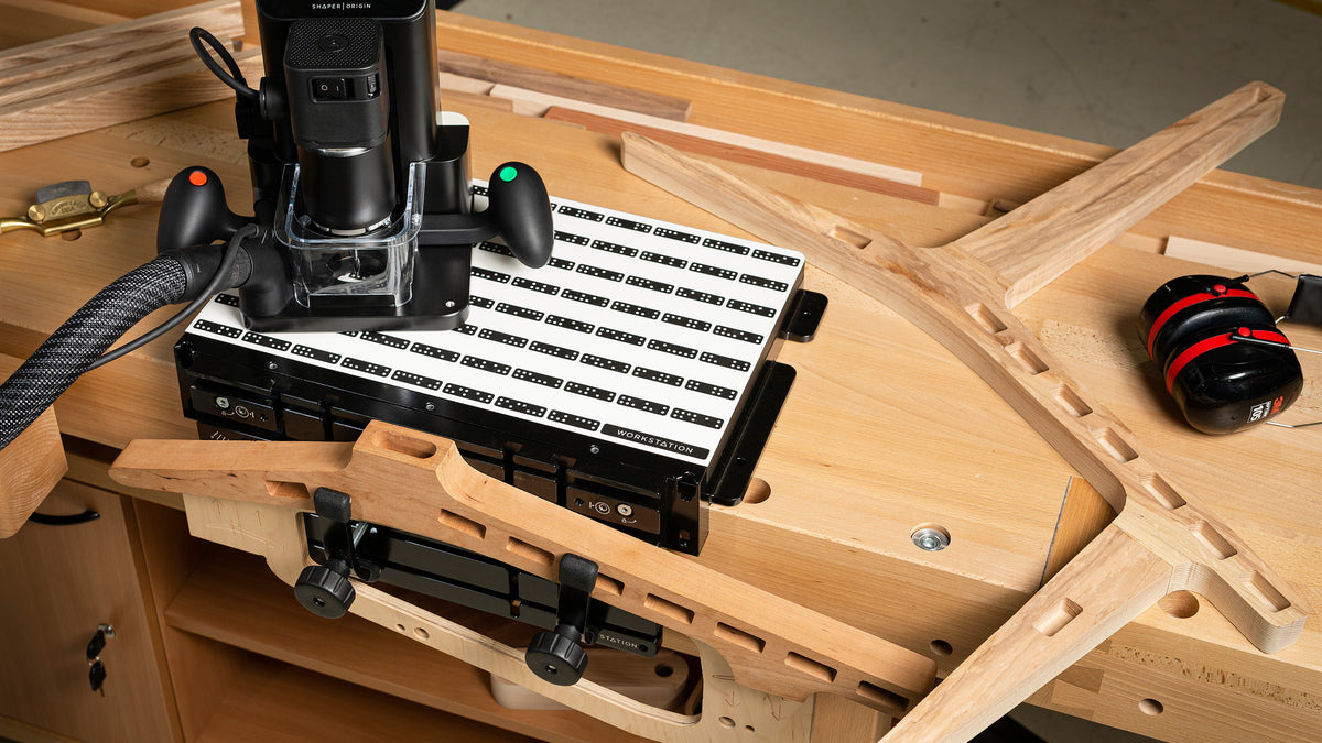 Shaper Tools Origin Handheld CNC Router Bundle in use on woodworking project