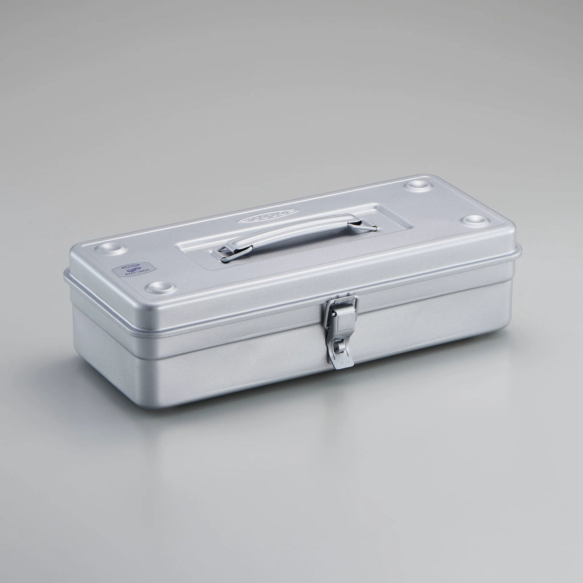 Toyo Trunk Shape Toolbox 35cm in silver colour, showcasing the top handle and latch detail