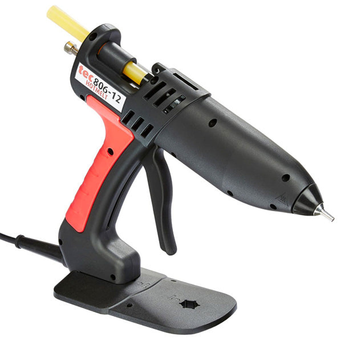 Industrial hot glue gun for woodworking projects, precise application on wood pieces