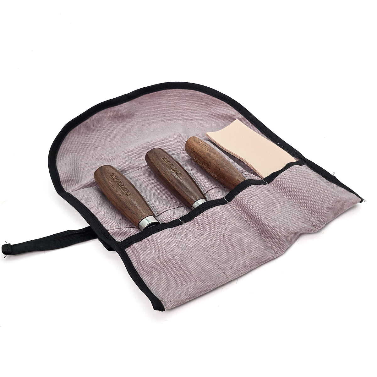 Torquata Set of 3 Carving Knives with Leather Strop in Canvas Roll - High-carbon blades in canvas roll